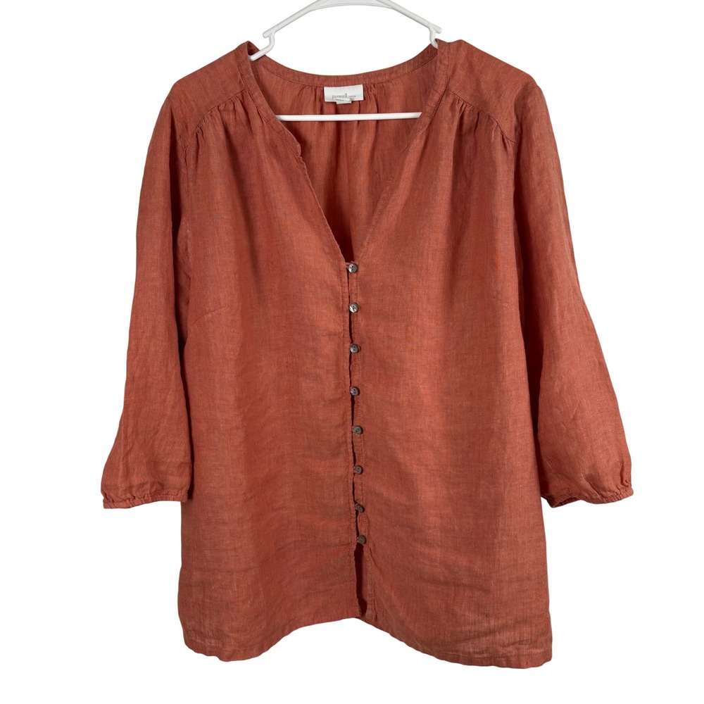 Pure Jill Linen Blouse Womens XL Petite Orange V-Neck Lagenlook Coastal Boho Top